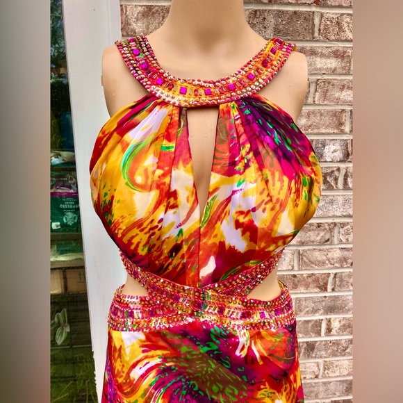 Watercolor Rainbow Rhinestone Halter Prom Dress - Picture 6 of 12